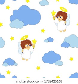 Ilustración de bebé, patrón sin fisuras. Elementos aislados. Ángeles con estrellas, nubes