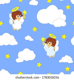 Cute baby illustration, seamless pattern. Isolated elements. Angels with stars, clouds