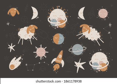 cute baby illustration. Sun and moon. space children's world. print interior poster. good dreams, baby bedroom