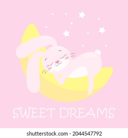 A cute baby image with a small bunny, a cartoon animal, a cartoon bunny that sleeps or dozes on the moon, surrounded by stars. Pink background for children's clothing, t-shirts, pajamas, bed linen