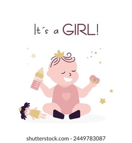 Cute baby infant. Adorable child sitting with milk bottle and pacifier. Happy smiling newborn girl. Congratulation card. Baby shower greeting card with baby girl. flat vector illustration