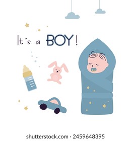 Cute baby infant. Adorable child with milk bottle, toys and pacifier. Happy smiling newborn boy. Congratulation card. Baby shower greeting card with baby boy. flat vector illustration