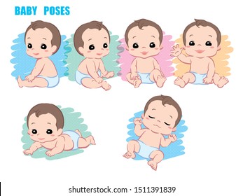 Cute baby, Infant boy. Poses set. Vector illustration.