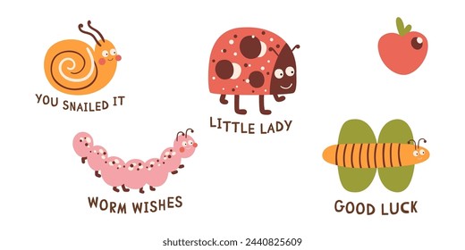 Cute baby insects set. Funny ladybug, caterpillar, snail, butterfly, apple vector isolated elements with funny phrases for kids greeting card, print, nursery poster, banner. Hand drawn collection.