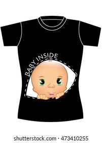 Cute baby inside a pocket printed on black shirt. Vector illustration.