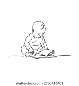 A cute baby is intently reading an open book while sitting down