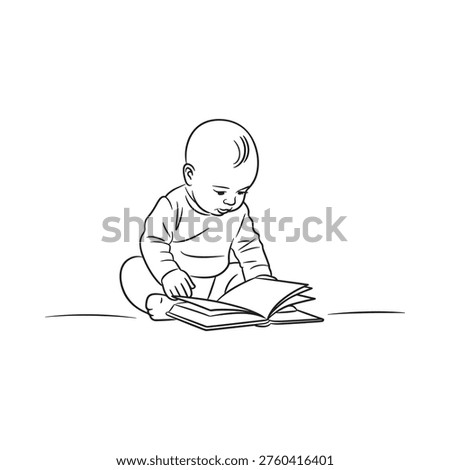 A cute baby is intently reading an open book while sitting down