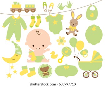 Cute baby and baby items in green and yellow vector illustration set.