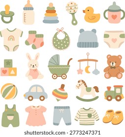 cute baby items icons set featuring toys clothes and accessories arranged on soft pastel background, perfect for nursery decor, baby shower design