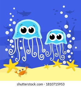 cute baby jellyfish cartoon illustration with bubbles and under the sea background. Design for baby and child