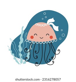 Cute baby jellyfish. Funny vector underwater illustration with wild exotic animal pink medusa drawn in cartoon style for printing on kids textile, cards, stickers