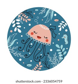 Cute baby jellyfish vector illustration. Little sea animal swimming underwater hand drawn in simple doodle style. Funny summer print with marine character for kids textile, cards, stickers