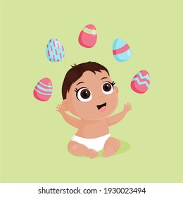 cute baby juggling easter eggs for easter card or background