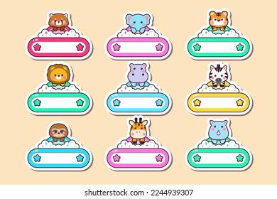 Cute baby jungle animals cartoon label name sticker hand drawn style with frame rainbow