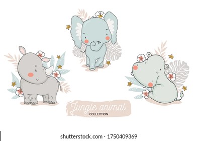 Cute baby jungle animals collection with backdrop. Cartoon Elephant, rhino, hippo safari characters. Stickers set. Kids card template. Hand drawn surface design.