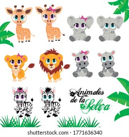 Cute baby jungle animals, giraffe, lion, hippopotamus, elephant, zebra