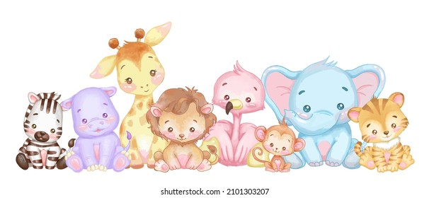 Cute Baby Jungle Animals. Vector Illustration.