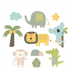 Cute Baby Jungle Animals Vectors, Created In A Soft Pastel Colour Palette.