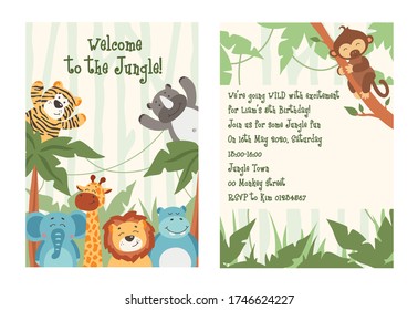 Cute baby jungle party invitation template vector illustration. Welcome to jungle inscription. Bright decor. Child happy birthday concept. Isolated on white background