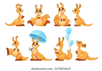 Cute Baby Kangaroo as Australian Animal Character in Different Pose Vector Set