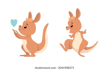 Cute Baby Kangaroo Dancing and Holding Heart Vector Set