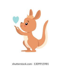 Cute Baby Kangaroo with Heart, Brown Wallaby Australian Animal Character Vector Illustration