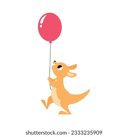 Cute Baby Kangaroo or Joey Character as Marsupial Mammal Carrying Balloon Vector Illustration