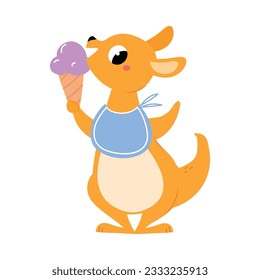 Cute Baby Kangaroo or Joey Character as Marsupial Mammal with Bib Eating Ice Cream Vector Illustration