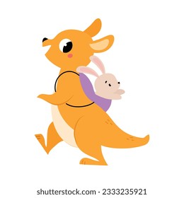 Cute Baby Kangaroo or Joey Character as Marsupial Mammal Walking with Backpack Vector Illustration