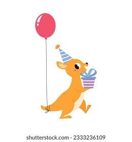 Cute Baby Kangaroo or Joey Character as Marsupial Mammal in Birthday Hat Carrying Gift Box Vector Illustration