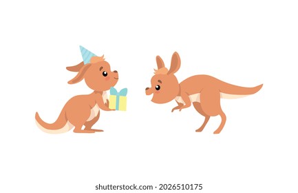 Cute Baby Kangaroo Jumping and Holding Gift Box Vector Set