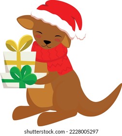 Cute baby kangaroo in Santa hat with Christmas gifts. Vector cartoon style illustration.