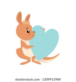 Cute Baby Kangaroo Sitting and Holding Light Blue Heart, Brown Wallaby Australian Animal Character Vector Illustration