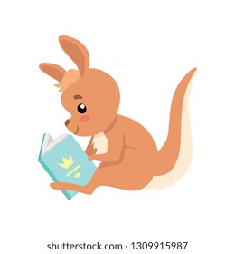 Cute Baby Kangaroo Sitting and Reading Book, Brown Wallaby Australian Animal Character Vector Illustration