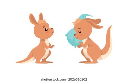 Cute Baby Kangaroo with Soft Pillow and Night Cap Vector Set