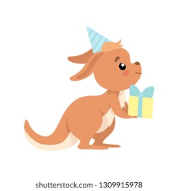 Cute Baby Kangaroo Wearing Party Hat Holding Gift Box, Brown Wallaby Australian Animal Character Vector Illustration