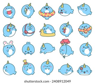 Cute baby kawaii whale. Cartoon marine life animals. Hand drawn style. Vector drawing. Collection of design elements.