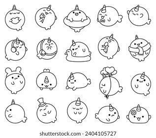 Cute baby kawaii whale. Coloring Page. Cartoon marine life animals. Hand drawn style. Vector drawing. Collection of design elements.