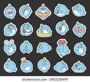 Cute baby kawaii whale. Sticker Bookmark. Cartoon marine life animals. Hand drawn style. Vector drawing. Collection of design elements.
