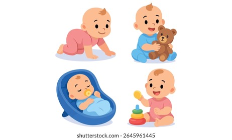 Cute Baby and Kid Illustration with Sleeping and Playing Poses Adorable Childhood Moments Perfect for Parenting and Nursery Designs