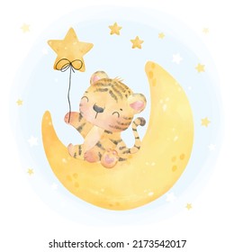 cute baby kid tiger sitting on crescent moon with star balloon, watercolor nursery animal cartoon painting vector