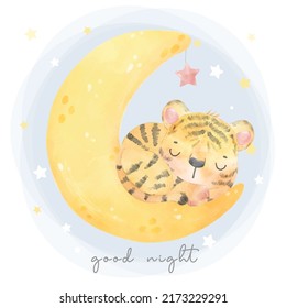 cute baby kid tiger sleeping on crescent moon with star, good night, watercolor nursery animal cartoon painting vector