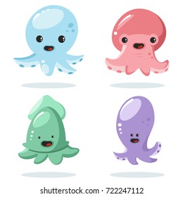 Cute baby kids octopus and squid vector cartoon character. Set of funny flat icons of underwater animals isolated on a white background.