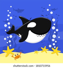 cute baby killer whale cartoon illustration with bubbles and under the sea background. Design for baby and child
