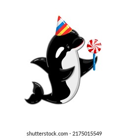 Cute Baby Killer Whale Character In Party Hat With Lollipop. Orca Lovely Cartoon Illustration Isolated On White. Funny Underwater Wild Sea Animal Clipart. Shark Dolphin Personage For Birthday Design.