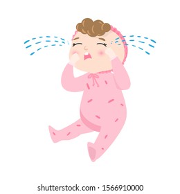 Cute baby with kinky hair in pink pajama sitting and crying. Vector illustration in flat cartoon style.