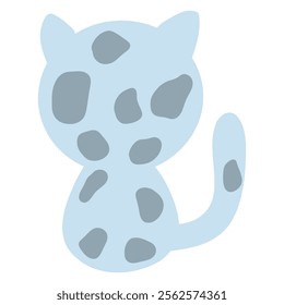 Cute baby kitten back, kawaii blue cat with spots, sitting cat vector illustration, back view, sitting backwards