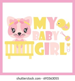 Cute baby kitten in baby cart vector cartoon illustration for baby shower card design, kid t shirt design, and wallpaper