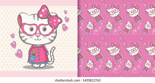 
cute baby kitten cartoon with  seamless pattern