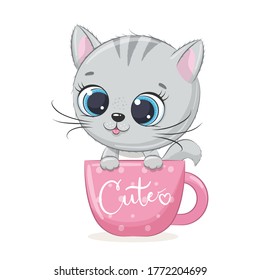 Cute baby kitten in cup. Vector illustration for baby shower, greeting card, party invitation, fashion clothes t-shirt print.